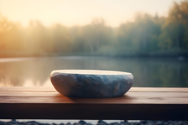 A peaceful atmosphere is reflected by the calm river and empty stone table Generative AI