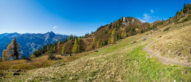 Peaceful autumn Alps mountain sunny view from hiking path from Dorfgastein to Paarseen lakes Land Salzburg Austria