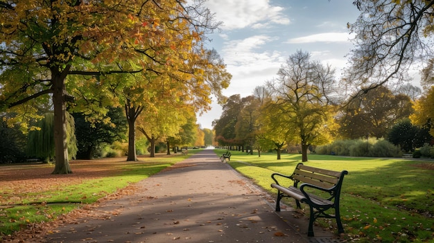 Photo peaceful autumn park pathway with sunlit trees and empty benches serene fall scenery in a quiet public garden