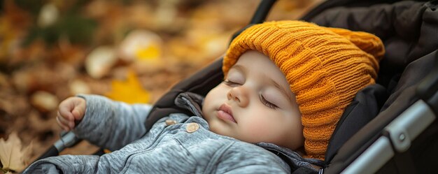 Photo peaceful baby boy sleeping in his stroller on a cool autumn day