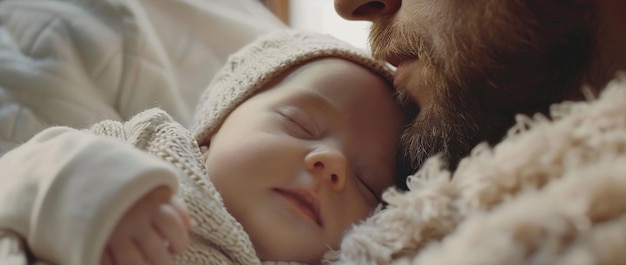 Photo a peaceful baby sleeps in their fathers arms both dressed in cozy winter clothing highlighting a se