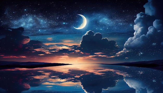 Peaceful background blue night sky with moon stars beautiful clouds glowing horizon