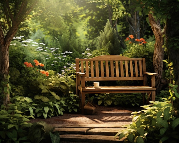 A peaceful backyard garden scene depicts a wooden bench nestled ast lush greenery with gentl