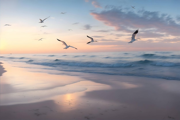 A peaceful beach at dawn with gentle waves lapping against the shore and seagulls sky generated ai