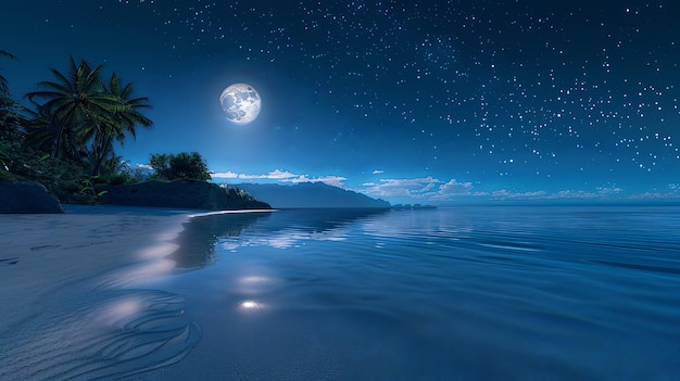 A peaceful beach scene at night with the moon reflecting on the calm waters and stars twinkling above like diamonds in the sky