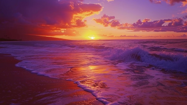 A peaceful beach scene with the sound of crashing waves and an orange and purple sky invites