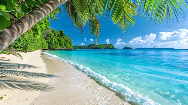 A peaceful beach scene with turquoise waters white sand and palm trees