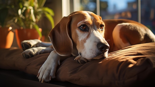 peaceful beagle resting on a plush pill