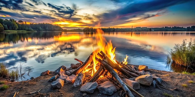 A peaceful bonfire by the lake at sunrise