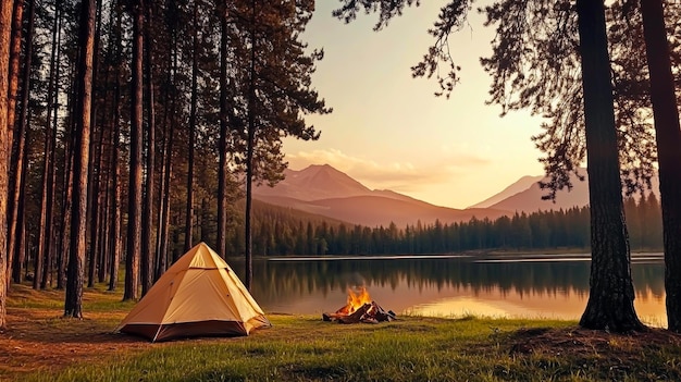 A peaceful camping scene by a crystalclear mountain lake at sunrise