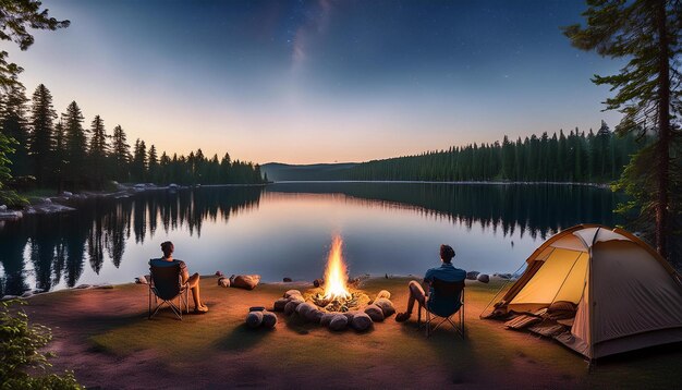 Photo a peaceful camping scene by a lake with a tent set up and a campfire burning people relaxing