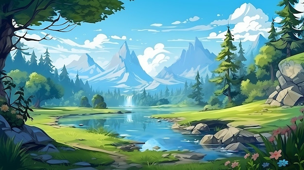 A peaceful cartoon scene of a river with a house in the distance