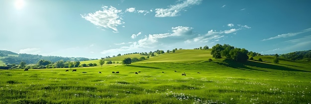 Peaceful Cattle Grazing in a Lush Green Meadow Under a Clear Blue Sky