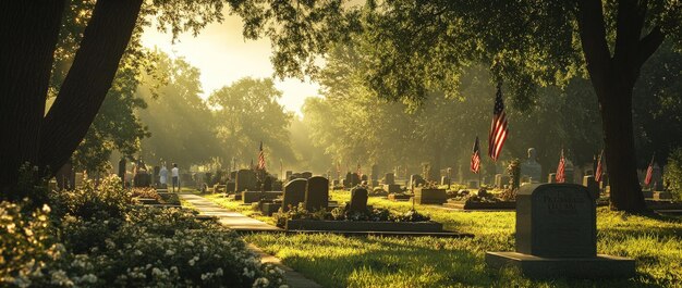 Photo a peaceful cemetery with headstones and flags in a misty morning light