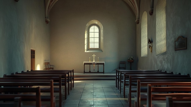 Peaceful Church Chapel with Cross and Empty Pews