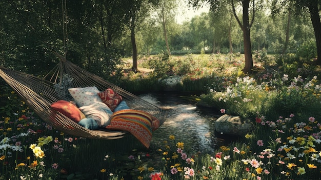 Peaceful cottage nook beside a babbling brook complete with a hammock swing