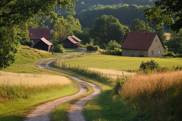 Photo a peaceful country road leads through green fields and rural homes the scenery captures the beauty of nature and tranquility ideal for landscape lovers generative ai