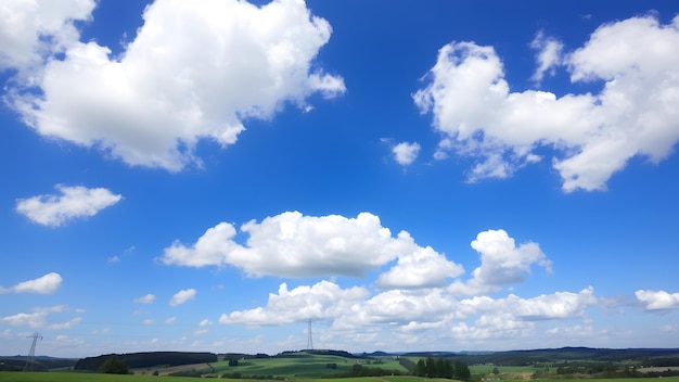 Photo peaceful countryside under expansive blue sky with serene white clouds