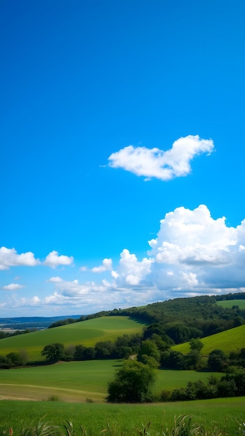 Photo peaceful countryside under expansive blue sky with serene white clouds