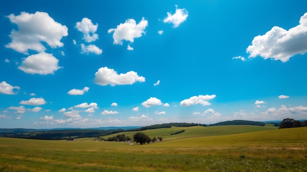 Photo peaceful countryside under expansive blue sky with serene white clouds