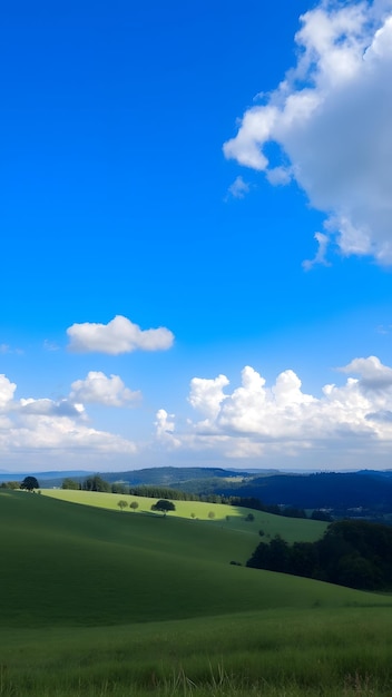 Photo peaceful countryside under expansive blue sky with serene white clouds