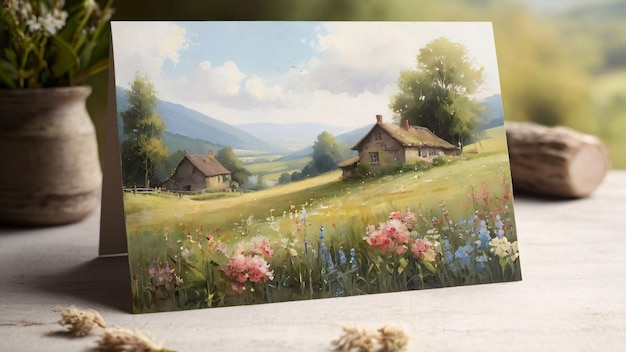 Peaceful countryside painting with flowers