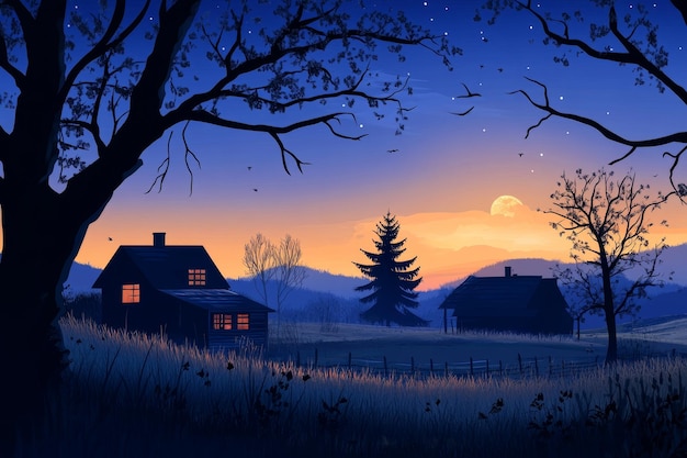 Photo a peaceful countryside scene at dusk with two houses silhouetted against a vibrant sky a tall pine tree standing in the foreground and the moon rising over the distant hills