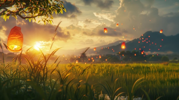 A peaceful countryside scene with floating lanterns drifting gently above lush green fields a serene moment of reflection