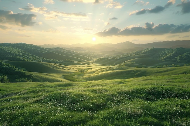 Peaceful countryside scene with rolling hills