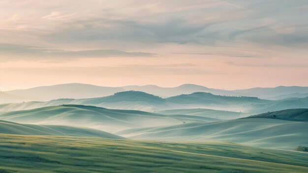 Photo a peaceful countryside with rolling hills and a soft pastel sky