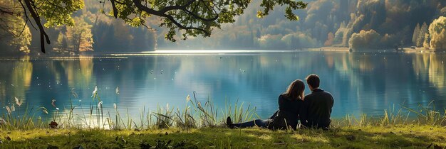 Photo peaceful couple sitting by a tranquil lake