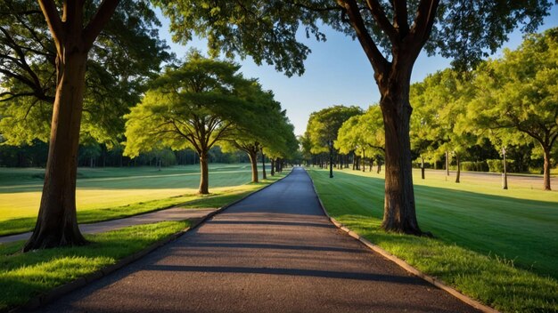 Peaceful curved brick pathway lined by green trees in a park