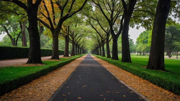 Peaceful curved brick pathway lined by green trees in a park