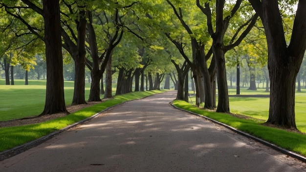 Peaceful curved brick pathway lined by green trees in a park