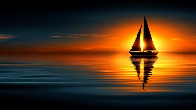 peaceful dark silhouette of a sailboat floats on tranquil waters under a soft glow symbolizing calm