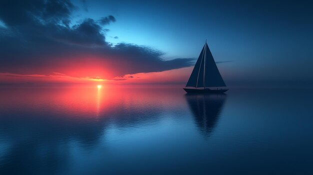 peaceful dark silhouette of a sailboat floats on tranquil waters under a soft glow symbolizing calm