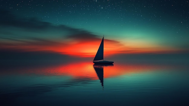 peaceful dark silhouette of a sailboat floats on tranquil waters under a soft glow symbolizing calm