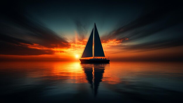 peaceful dark silhouette of a sailboat floats on tranquil waters under a soft glow symbolizing calm