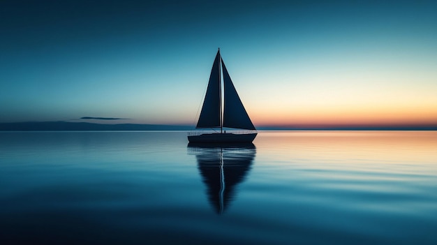 peaceful dark silhouette of a sailboat floats on tranquil waters under a soft glow symbolizing calm