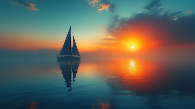 peaceful dark silhouette of a sailboat floats on tranquil waters under a soft glow symbolizing calm