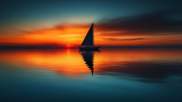 peaceful dark silhouette of a sailboat floats on tranquil waters under a soft glow symbolizing calm