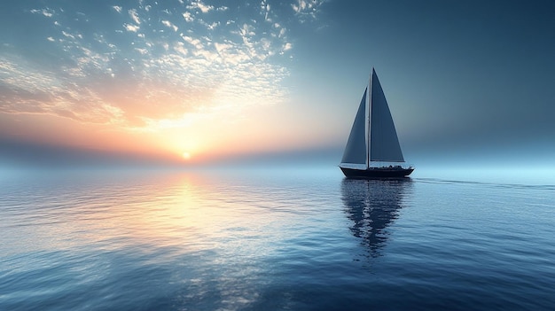 peaceful dark silhouette of a sailboat floats on tranquil waters under a soft glow symbolizing calm