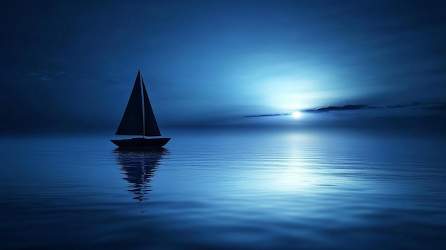 peaceful dark silhouette of a sailboat floats on tranquil waters under a soft glow symbolizing calm