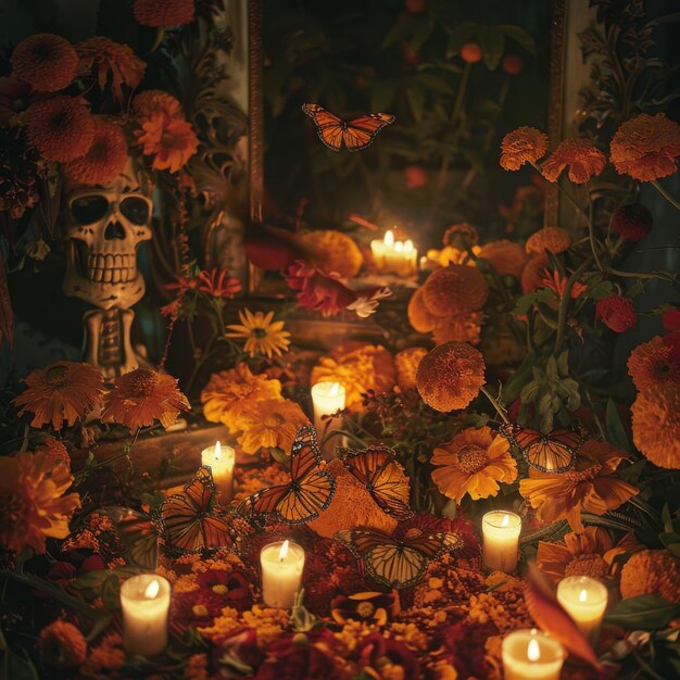 Photo peaceful day of the dead nighttime cemetery with candlelit graves and marigold decorations