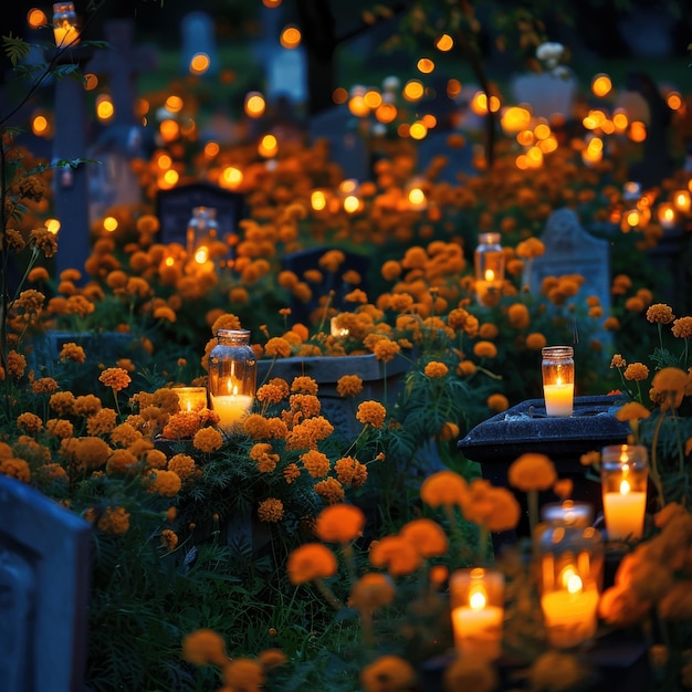 Photo peaceful day of the dead nighttime cemetery with candlelit graves and marigold decorations