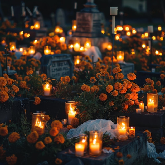 Photo peaceful day of the dead nighttime cemetery with candlelit graves and marigold decorations