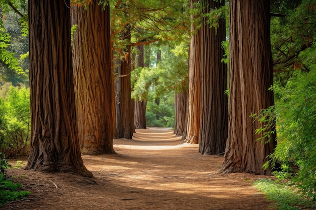 A peaceful dirt road winding its way through a dense forest lined with tall trees A captivating grove of sequoia trees sheltering a quiet path in a park AI Generated