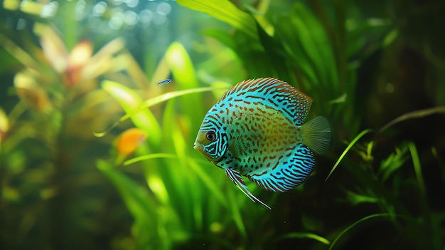 Peaceful discus fish swimming in a tranquil verdant aquarium setting