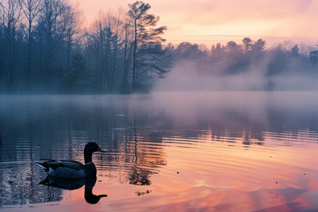 Photo peaceful duck swimming in serene lake at sunset