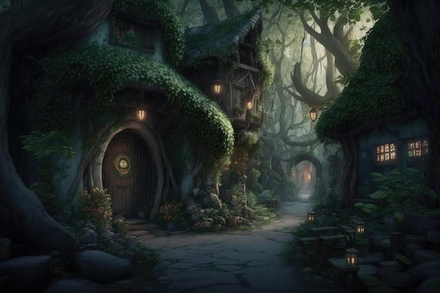 Peaceful elf village hidden deep in the forest surrounded by greenery